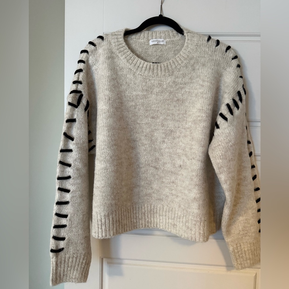 Vestique Cream Sweater with Black whipstitch Detailing
